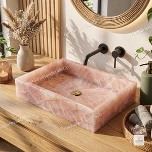 Handcrafted Rose Quartz Rectangular Vessel Sink, Natural Pink Gemstone Basin (Above Counter)