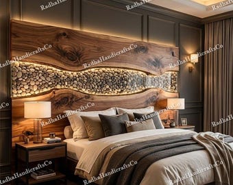 Live Edge Walnut Headboard with River Pebbles & Clear Resin | Backlit Wooden Bed Headboard | Custom Luxury Wall Decor | King Queen Size
