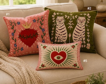Maximalist Pillow Cover, Gold Trim Cushion Cover, Sacred Heart Decor, Boho Home Accent, Eclectic Sofa Decor, Pink Green Gothic Style
