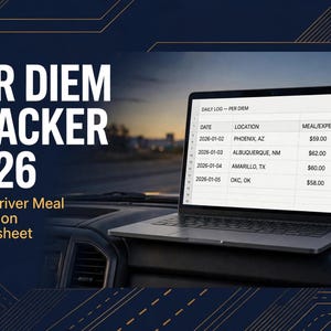 May include: A laptop displaying a spreadsheet titled DAILY LOG - PER DIEM with columns for date, location, and meal expense. Text on the left reads PER DIEM TRACKER 2026 and Truck Driver Meal Deduction Spreadsheet on a dark blue background.