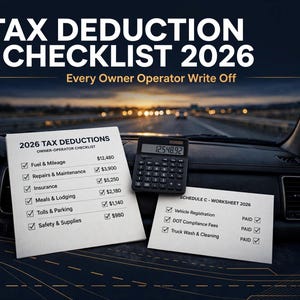 Könnte beinhalten: Eine Steuerabzugs-Checkliste 2026 für Transportunternehmer mit einer Auflistung von Ausgaben wie Kraftstoff, Reparaturen, Versicherungen, Verpflegung, Mautgebühren und Sicherheitsbedarf, ergänzt durch einen Taschenrechner.