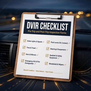 May include: A wooden clipboard holding a white DVIR CHECKLIST Pre-Trip and Post-Trip Inspection Forms document. The checklist includes items like Brake Lights, Tires, Horn, Emergency Kit, Fluid Levels, Steering, Seatbelt, and Windshield.