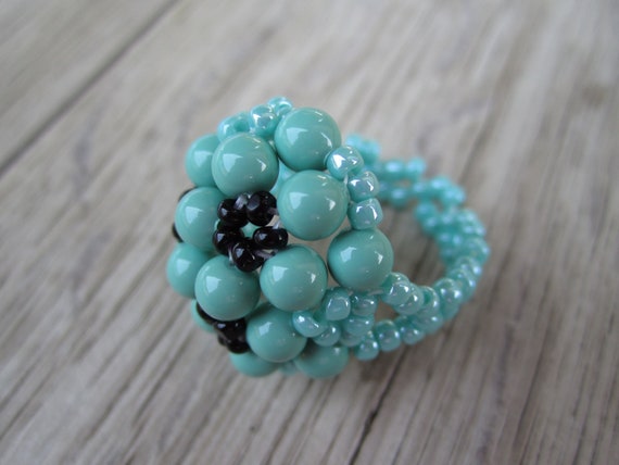 Items similar to FavoriteBerry Ring: Size 6 - aqua and black ring ...