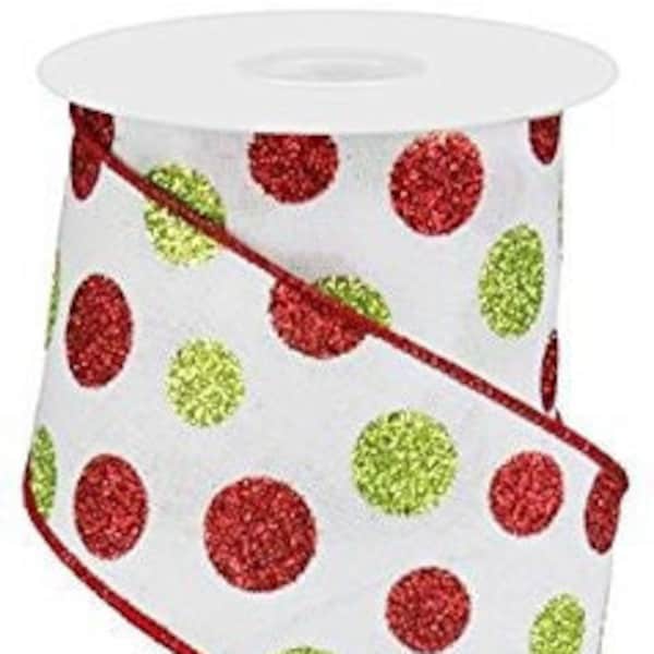 SALE* Glitter Multi Polka Dots Christmas Ribbon 2.5" X 10 Yards (White, Red, Lime Green) - RG0170427