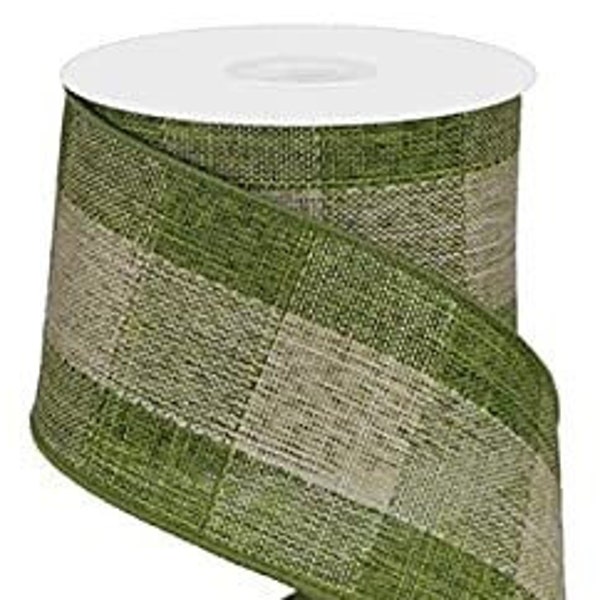 Ships Free Over 35 in US - Woven Canvas Large Check Wired Edge Ribbon - 10 Yards (Moss Green, 2.5 Inch) - RGA177252