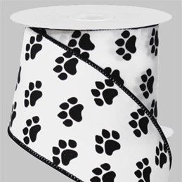 Ships Free Over 35 in US - Dog Paw Prints Wired Edge Ribbon, 10 Yards (White, Black, 2.5 Inch) - RG1777X6