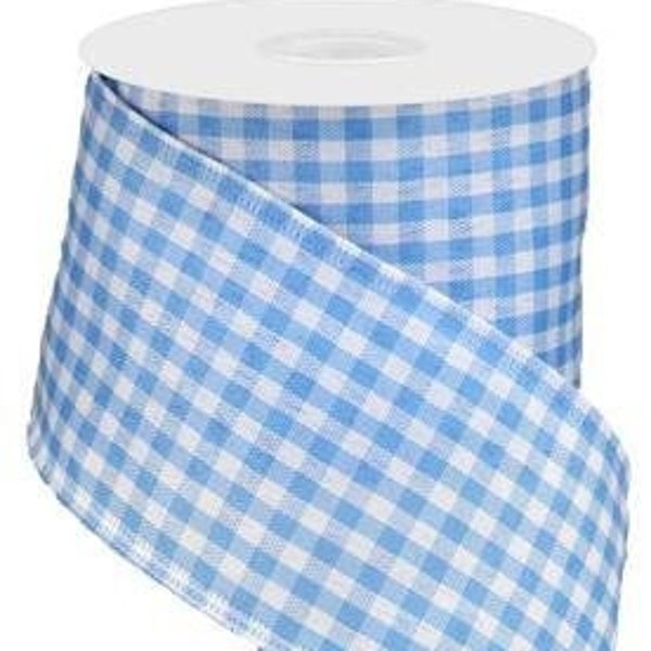 Ships Free Over 35 in US - Gingham Check Wired Edge Ribbon - 10 Yards (Light Blue, White, 2.5 Inch) - RG0104914