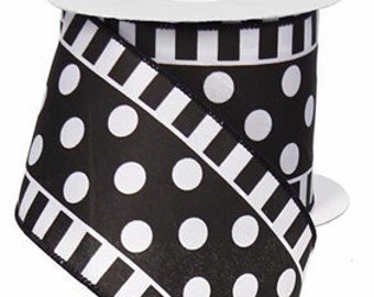 Ships Free Over 35 - Stripes And Polka Dots Wired Edge Ribbon, 2.5" x 10 Yards (Black, White) - RG01371X6