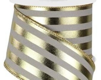 May include: A 2.5 inch wide wired ribbon with gold metallic stripes on a gray background.
