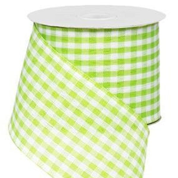 Ships Free Over 35 in US - Gingham Check Wired Edge Ribbon - 10 Yards (Lime Green, 2.5 Inch) - RG01049RY
