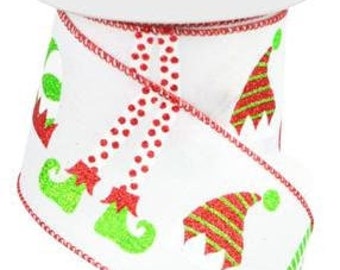 Ships Free Over 35 in US - Elf Hats & Legs Christmas Wired Edge Ribbon - 2.5" x 10 Yards (White) - RG0157127