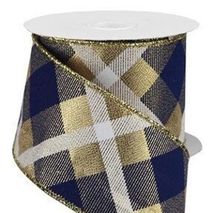 Ships Free Over 35 in US - Printed Plaid on Metallic Wired Edge Ribbon - 2.5 Inch x 10 Yards (Navy Blue, Gold, White) - RGA1694WA
