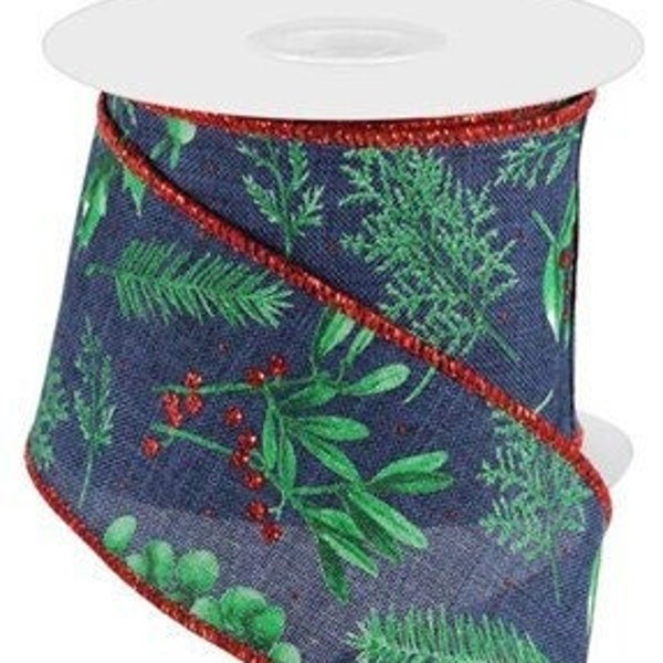 Ships Free Over 35 in US - Winter Foliage Canvas Wired Edge Ribbon - 10 Yards (Navy Blue, Green, Red, 2.5 Inch) - RGC172819