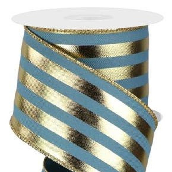 Ships Free Over 35 in US - Metallic Vertical Stripes Wired Edge Ribbon - 2.5" x 10 Yards (Smoke Blue, Gold) - RGE14299C