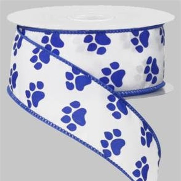 Ships Free Over 35 in US - Dog Paw Prints Wired Edge Ribbon, 10 Yards (Royal Blue, White, 1.5 Inch) - RG1776WR