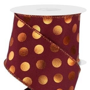 Ships Free Over 35 in US - Fall Metallic Polka Dot Wired Edge Ribbon - 2.5" x 10 Yards (Wine, Copper Orange) - RGE1665EM