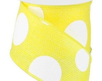Ships Free Over 35 in US - Giant Polka Dots Wired Edge Ribbon, 10 Yards (Yellow, White, 2.5 Inch) - RG0120029