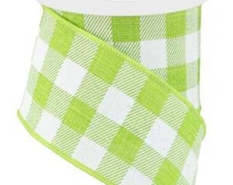Ships Free Over 35 in US - Plaid Check Wired Edge Ribbon - 10 Yards (Lime Green, White, 2.5") - RG0180033