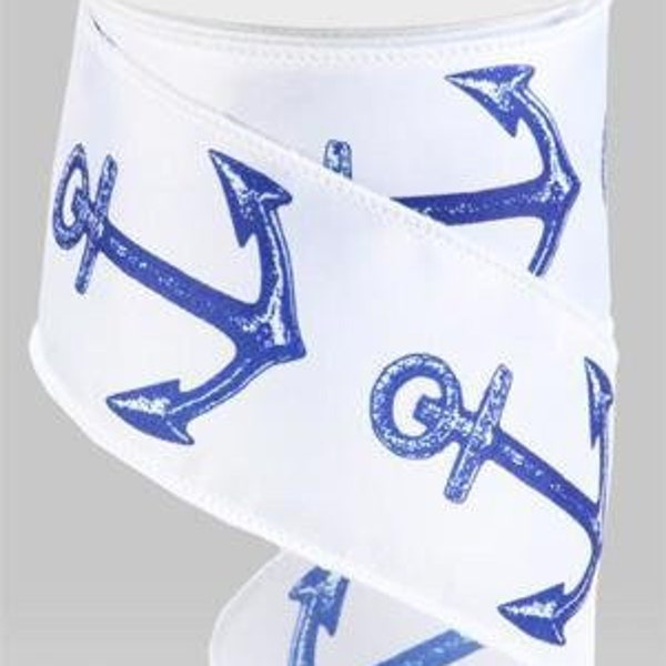 Ships Free Over 35 in US - Nautical Bold Anchor Wired Edge Ribbon, 10 Yards (White, Navy Blue, 2.5 Inch) - RG01501