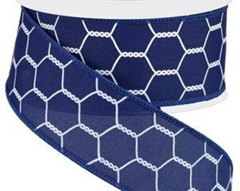 Ships Free Over 35 in US - Chicken Wire Farmhouse Wired Edge Ribbon - 10 Yards (Navy Blue, White, 1.5 Inch) - RGA108219