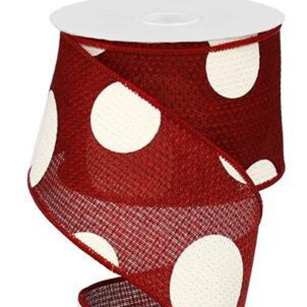 Ships Free Over 35 in US - Giant Polka Dots Wired Edge Ribbon, 10 Yards (Burgundy, Ivory, 2.5 Inch) - RG0120005