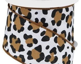 Ships Free Over 35 in US - Leopard Print on Canvas Wired Edge Ribbon, 10 Yards (White, Black, Brown, 2.5 Inch) - RGB139504