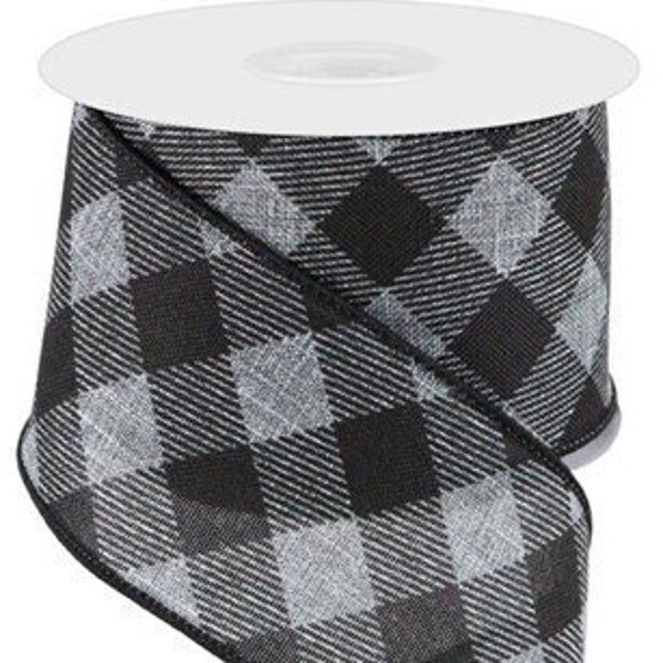 Ships Free Over 35 in US - Diagonal Plaid Check Wired Edge Ribbon, 10 Yards (Grey, Black, 2.5") - RGA127110