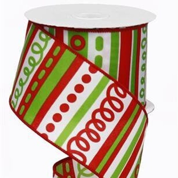 Ships Free Over 35 in US - Christmas Loopy Stripes Wired Edge Ribbon, 2.5" x 10 Yards (White, Red, Lime) -  RG01312T9