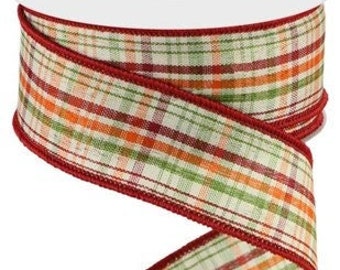 May include: A 1.5 inch wide plaid ribbon with red, orange, green, and white stripes. The ribbon has a red edge.
