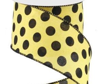 Ships Free Over 35 in US - Polka Dot Wired Edge Ribbon - 2.5" x 10 Yards (Yellow, Black) - RG0162829