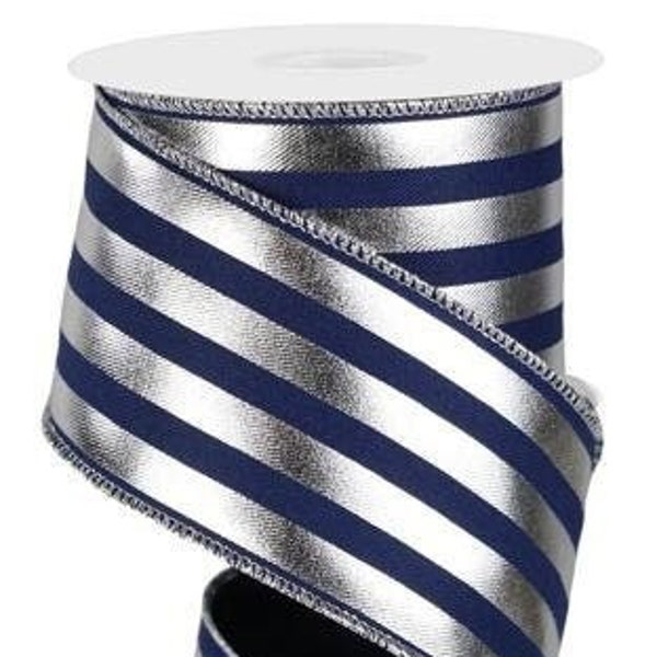 Ships Free Over 35 in US - Metallic Vertical Stripes Wired Edge Ribbon - 2.5" x 10 Yards (Navy Blue, Silver) - RGE142963