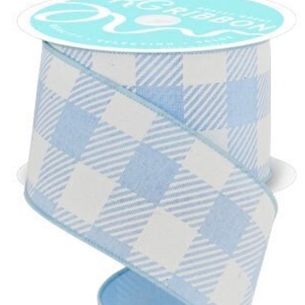 Ships Free Over 35 in US - Large Striped Check Plaid Wired Edge Ribbon, 2.5" x 10 Yards (Pale Blue, White) - RGA141814
