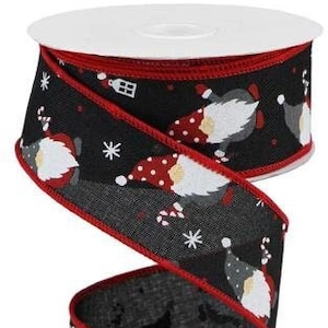 May include: Black and white ribbon with a red trim featuring a repeating pattern of gnomes wearing red and white hats, candy canes, and snowflakes.