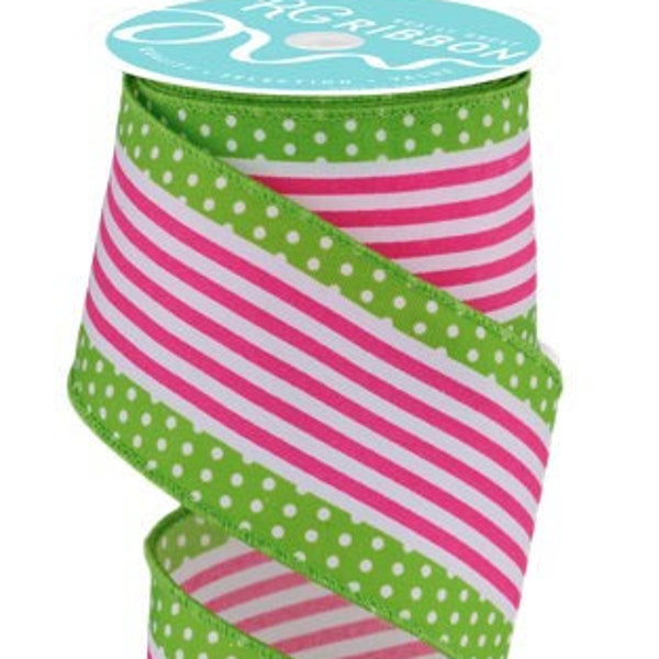 Ships Free Over 35 in US - Vertical Stripe & Polka Dot Edge Wired Edge Ribbon - 2.5" x 10 Yards (White, Hot Pink, Lime Green) - RGF1301AW