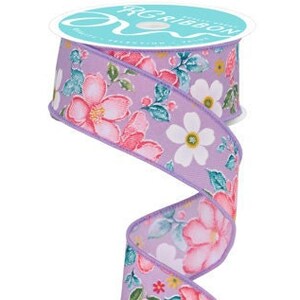 Ships Free Over 35 in US - Spring Watercolor Flowers Wired Edge Ribbon, 1.5" x 10 Yards (Lavender, Dark Rose, Coral, Green) - RGF115613