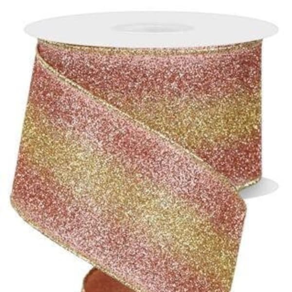 Ships Free Over 35 in US - Ombre Glitter Stripes Wired Edge Ribbon, 2.5 Inch x 10 Yards (Light Pink, Rose Gold, Gold) - RGE179222