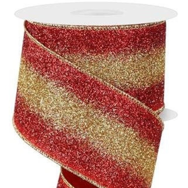 Ships Free Over 35 in US - Ombre Glitter Stripes Wired Edge Ribbon, 2.5 Inch x 10 Yards (Red, Gold) - RGE179236