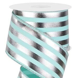 Ships Free Over 35 in US - Metallic Vertical Stripes Wired Edge Ribbon - 2.5&quot; x 10 Yards (Ice Blue, Silver) - RGE1429H1