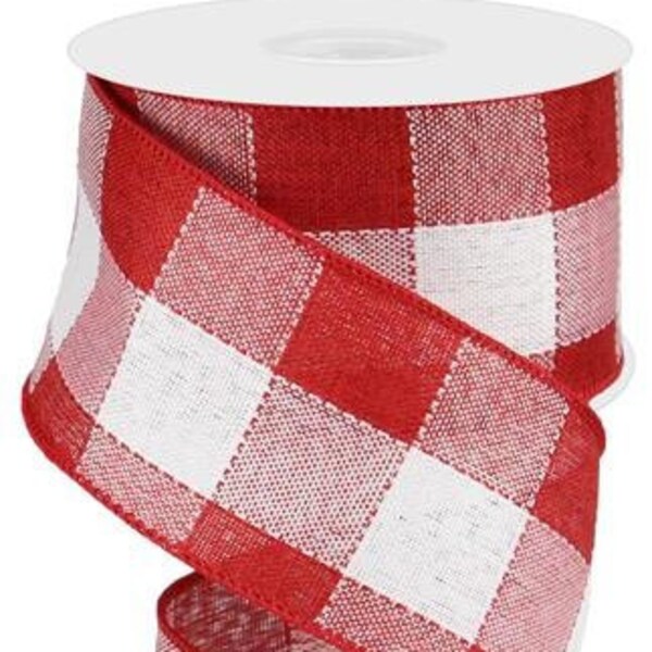 Ships Free Over 35 in US - Woven Buffalo Plaid Check Wired Edge Ribbon, 2.5" x 10 Yards (Red, White) - RGA1010F3