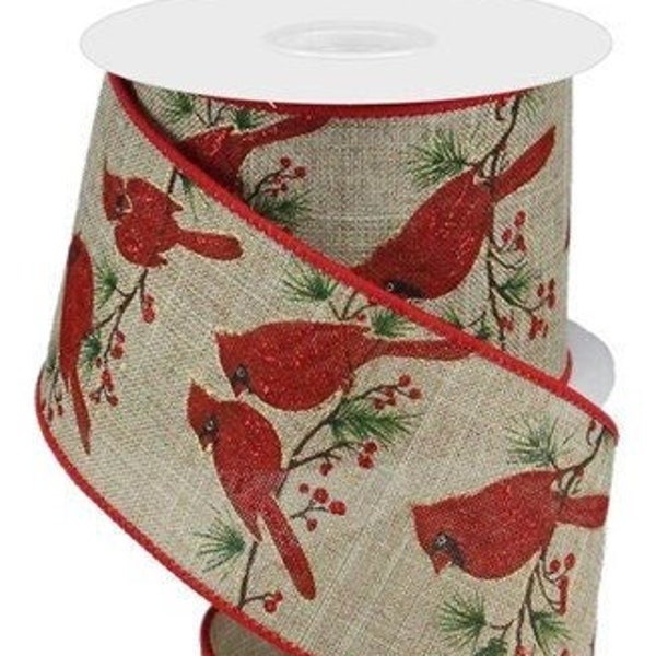 Ships Free Over 35 in US - Cardinals On Tree Branch Wired Edge Ribbon - 10 Yards (Beige, Red, Green, 2.5 Inch) - RGC108701