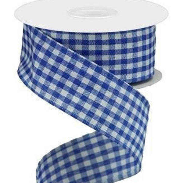 Ships Free Over 35 in US - Gingham Check Wired Edge Ribbon - 1.5 " x 10 Yards (Royal Blue, White) - RG0104825