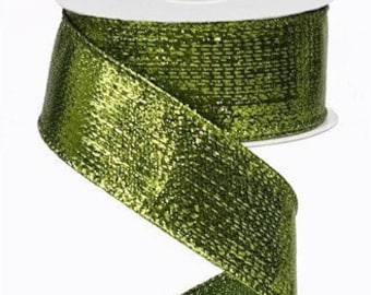 May include: A roll of green metallic ribbon with a textured finish. The ribbon is on a white spool.