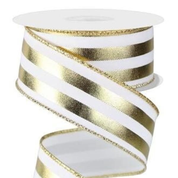 Ships Free Over 35 in US - Metallic Vertical Stripes Wired Edge Ribbon - 1.5" x 10 Yards (White, Gold) - RGE1428C6