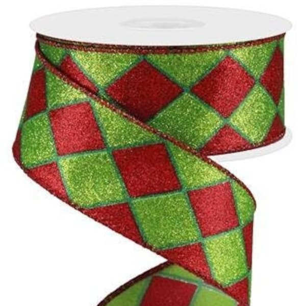 Ships Free Over 35 in US - Christmas Glitter Harlequin Diamond Check Ribbon 1.5" X 10 Yards (Red, Lime Green, Emerald) - RG016182W