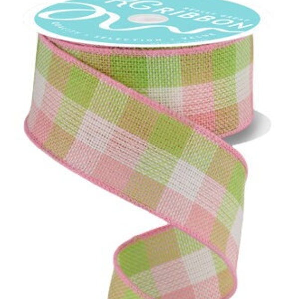 Ships Free Over 35 in US - Spring Woven Plaid Check Wired Edge Ribbon, 1.5" x 10 Yards (Light Pink, Green, White) - RGA192415