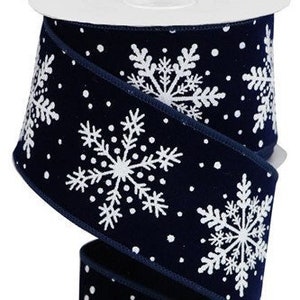 Ships Free Over 35 in US - Glitter Snowflakes on Velvet Wired Edge Ribbon - 10 Yards (Navy Blue, White, 2.5") - RGA192919