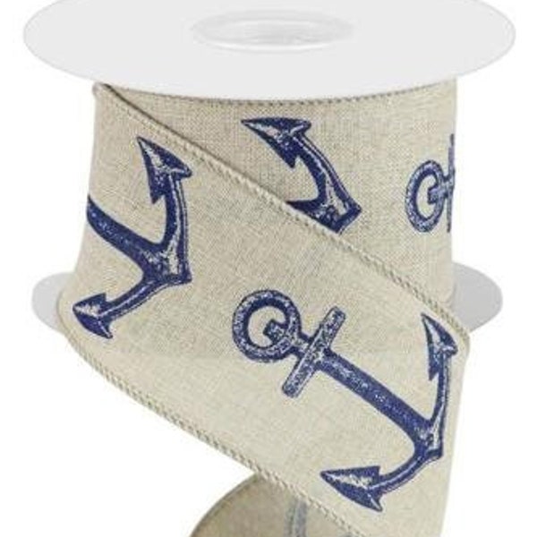 Ships Free Over 35 in US - Nautical Bold Anchor Wired Edge Ribbon, 10 Yards (Light Natural, Navy Blue, 2.5 Inch) - RG01500NF