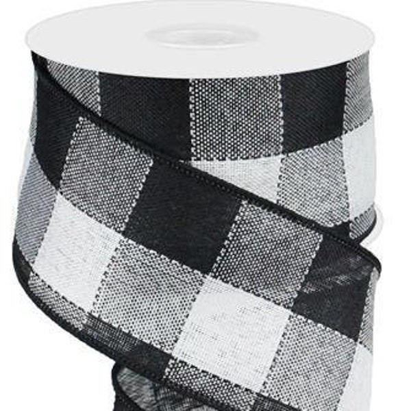 Ships Free Over 35 in US - Woven Buffalo Plaid Check Wired Edge Ribbon, 2.5" x 10 Yards (Black, White) - RGA1010CF