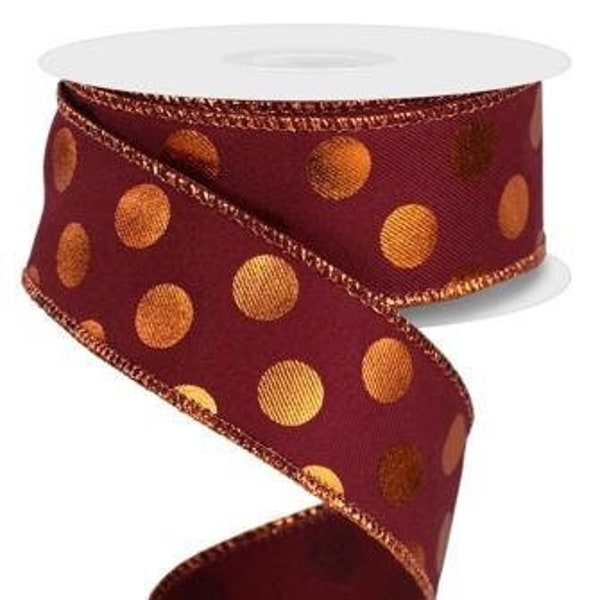 Ships Free Over 35 in US - Fall Metallic Polka Dot Wired Edge Ribbon - 1.5" x 10 Yards (Wine, Copper Orange) - RGE1664EM