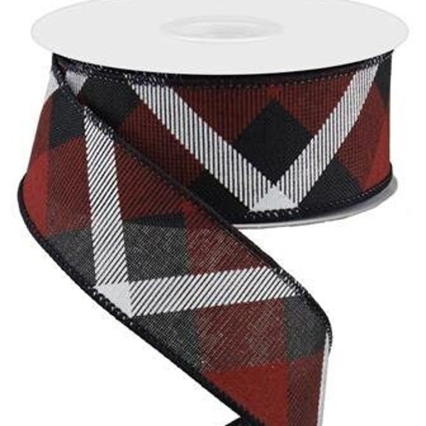 Ships Free Over 35 in US - Plaid Check Wired Edge Ribbon, 10 Yards (Black, Red, White, 1.5") - RG01682WJ